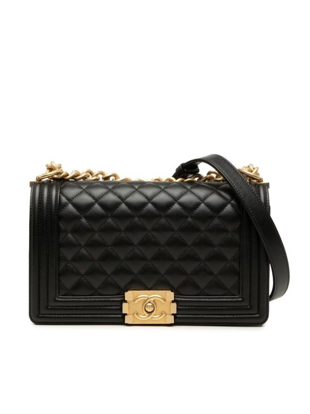 Chanel CC Logo Boy 25 Chain Shoulder Bag Black Gold Caviar Leather
